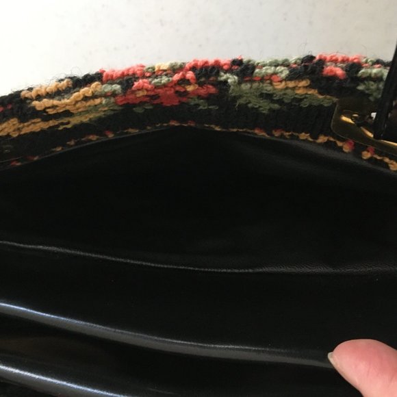Vintage 50s 60s Needlepoint Tapestry Carpet Bag Black Colorful Floral Purse - Picture 14 of 16